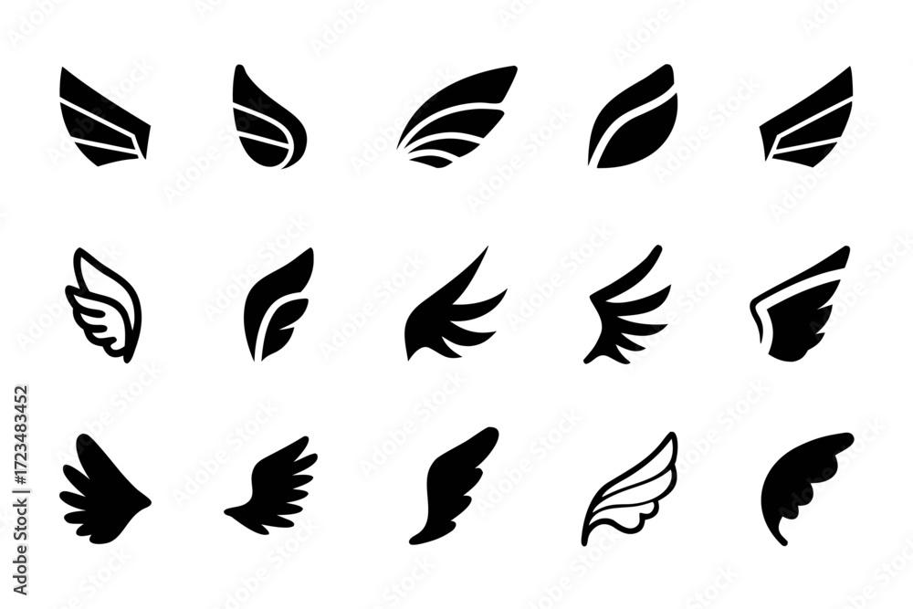 Fototapeta premium Collection of different wing shapes for tattoo, logo, emblem or design element in illustration format