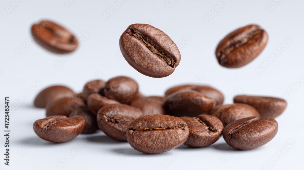 Naklejka premium Floating coffee beans orchestrate a caffeinated ballet, symbolizing Java Day and International Coffee Break, aromatic energy infusion