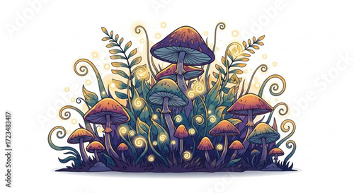 Mushroom illustration vector art with glowing lights and fantasy forest plants for graphic design elements