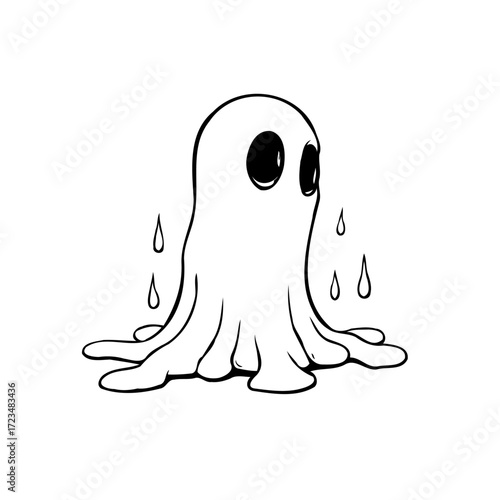 Minimalist illustration of a whimsical ghost character with dripping tears expressing melancholy