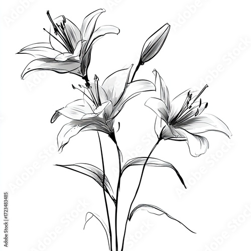Monochrome sketch of three lilies, one in bud, with delicate linework and subtle shading, against a white background