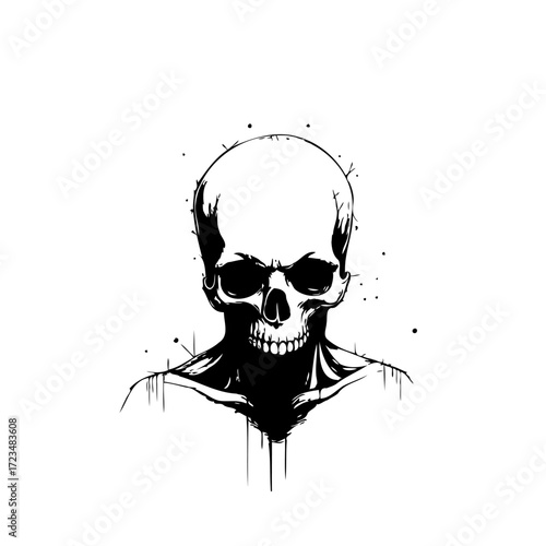 Monochromatic depiction of skull with ink splatter providing a dramatic and striking effect adding