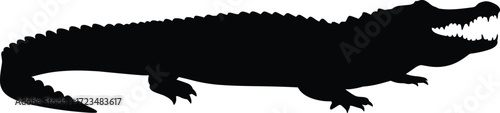 Crocodile silhouette illustration, wild reptile side profile, open mouth with teeth, wildlife artwork, dangerous animal design