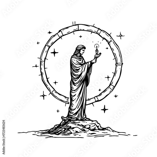 Monochromatic depiction showcasing a person holding a flame, surrounded by celestial elements