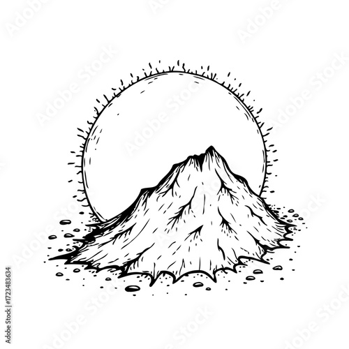 Monochromatic mountain peak illustration with a spherical form rising behind it creating a graphic