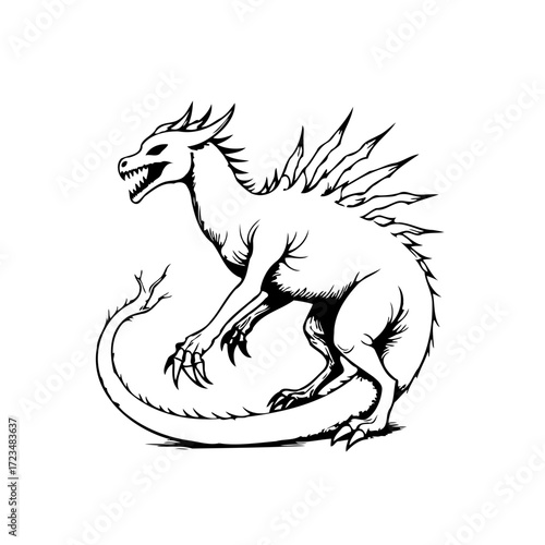 Monochromatic formidable dragon illustration showcases fantasy creature poised with sinuous tail