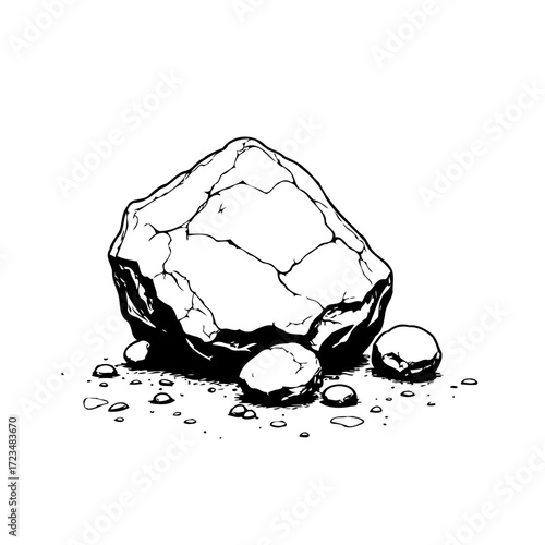 Monochromatic rock pile illustration showcasing varied sizes and textures with detailed cracking
