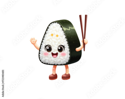 Adorable onigiri character waving hello and holding chopsticks, perfect for a playful food-themed design or inviting children's menu illustration