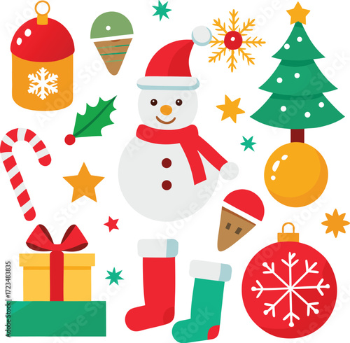Vector art of a charming ensemble of christmas icons including a snowman, christmas tree, stockings, gifts, candy canes, and ornaments, all isolated on a