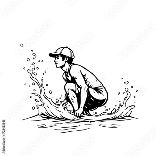 Monochrome artwork depicting a person surfing in water creating dynamic splashes and enjoying