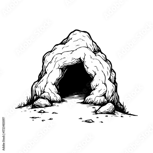 Monochrome cave entrance depiction hinting mysteries within the earth's embrace showcasing