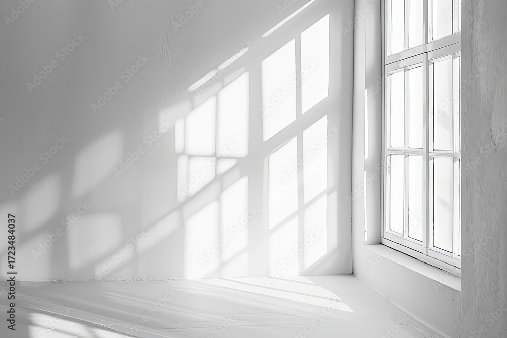 Fototapeta premium Sunlight streams through a window in a minimalist white room, casting dramatic shadows on the walls and floor, creating a bright yet serene atmosphere