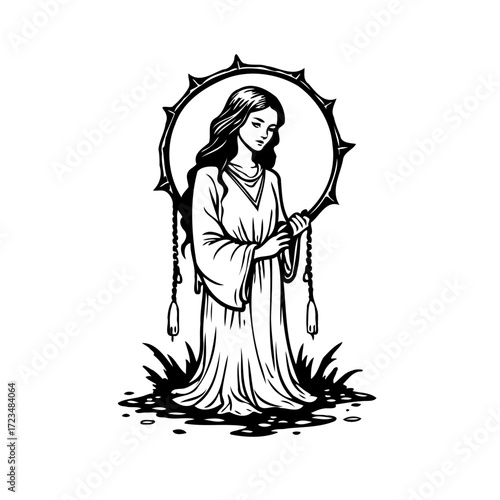 Monochrome depiction of a woman in flowing attire with a halo-like design and ornate details