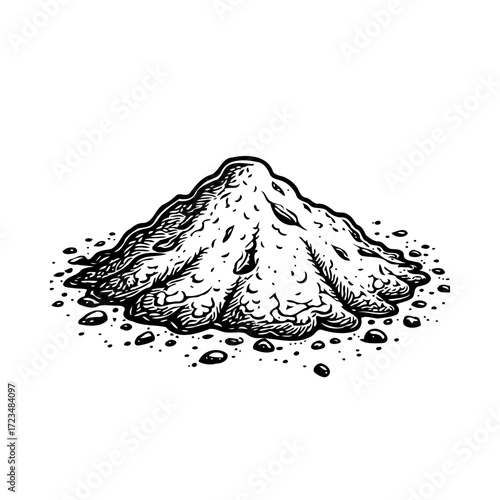 Monochrome depiction showcases a granular mound, reminiscent of geological formations with