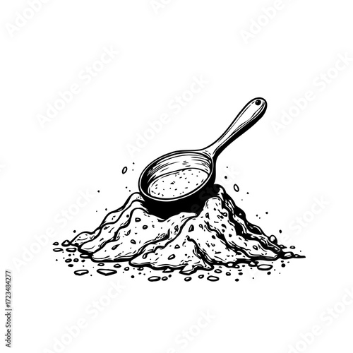 Monochrome drawing depicts spoonful of powder resting atop a mound, highlighting its texture and