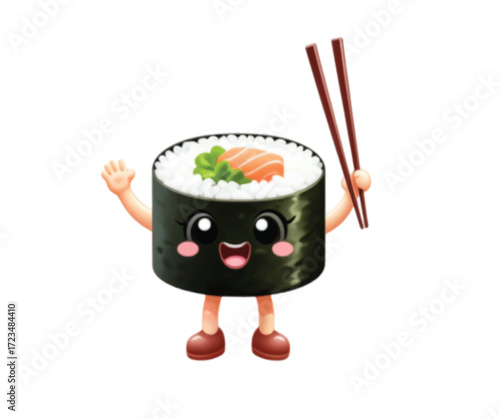 Adorable sushi roll character waving hello with chopsticks, perfect for playful food promotions and restaurant menus, inviting smiles and appetite