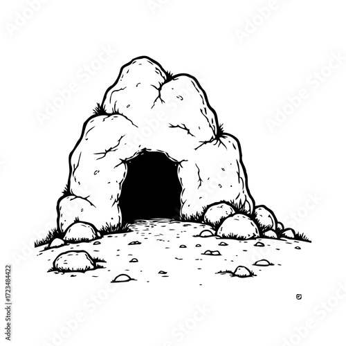 Monochrome illustration displaying an intriguing rock formation housing a mysterious dark cavern