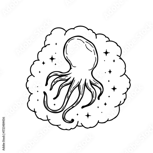 Monochrome illustration featuring an octopus silhouette surrounded by clouds dotted with twinkling