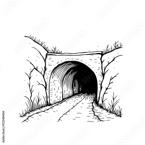 Monochrome illustration of a rugged tunnel entrance carved into natural earth formation with path