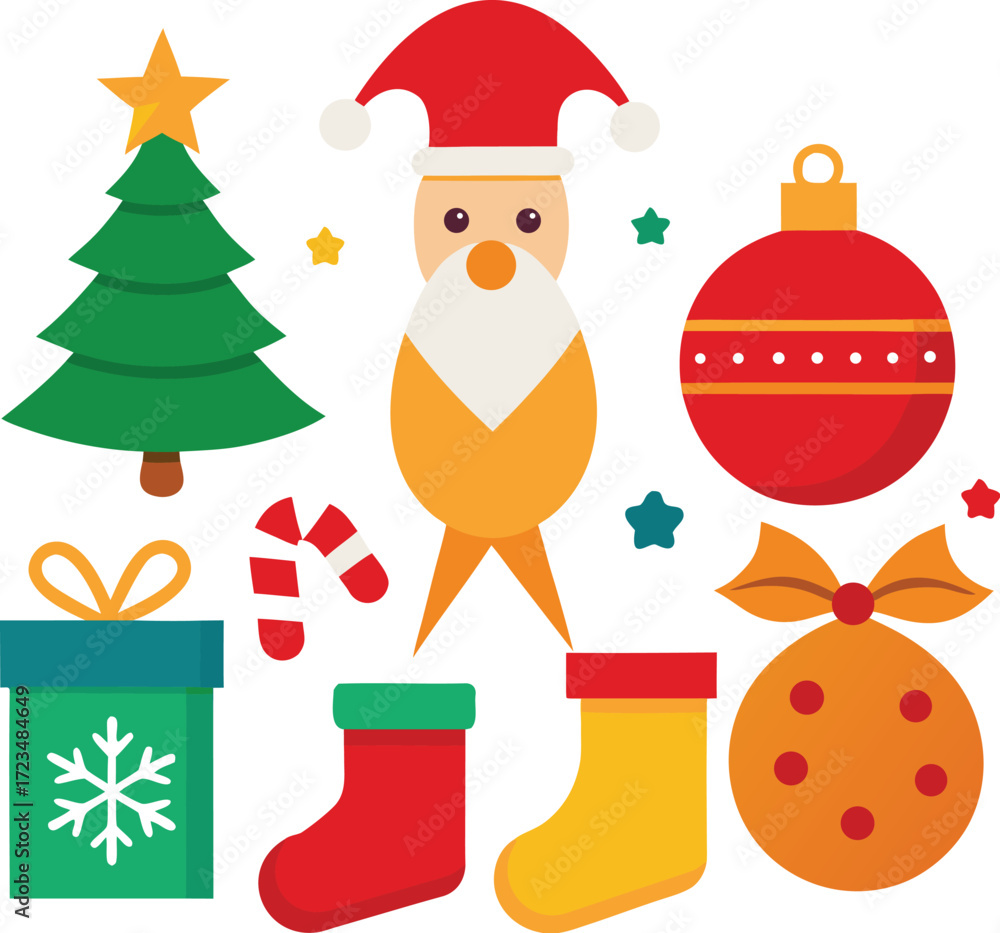 Naklejka premium Vector art of a collection of festive christmas icons including a santa claus figure, a decorated christmas tree, gift boxes, stockings, candy canes, and ornaments, all isolated on a