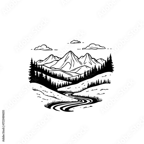 Monochrome mountain scene with winding river nature tranquility landscape with pine trees serenity