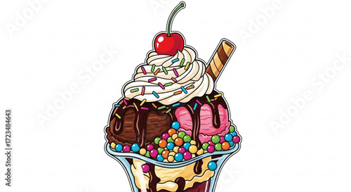 Delicious ice cream sundae with cherry and sprinkles vector illustration for dessert lovers and foodies