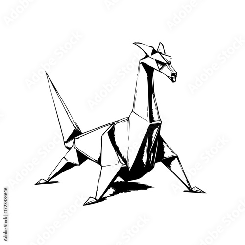 Monochrome origami mythical creature design showcases angular contours and striking visual impact