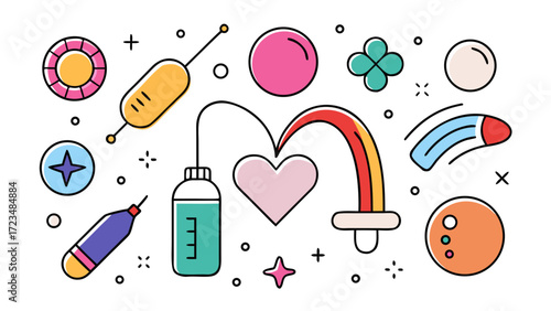 Colorful gender-affirming care icons including syringe, hormone bottle, heart, and rainbow in flat cartoon style
