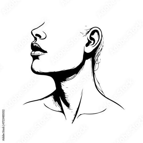 Monochrome stylized illustration of a woman's face emphasizing lines shadows and artistic