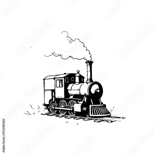 Monochrome vintage locomotive illustration with steam billowing evokes a sense of nostalgic