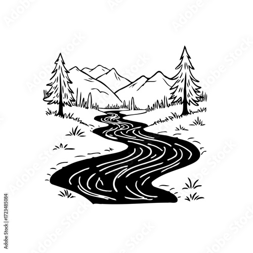 Monochrome wilderness scene showcasing a winding river among mountains and evergreen trees in a