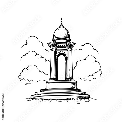 Monumental architecture illustration with clouds offers a whimsical perspective of conceptualized