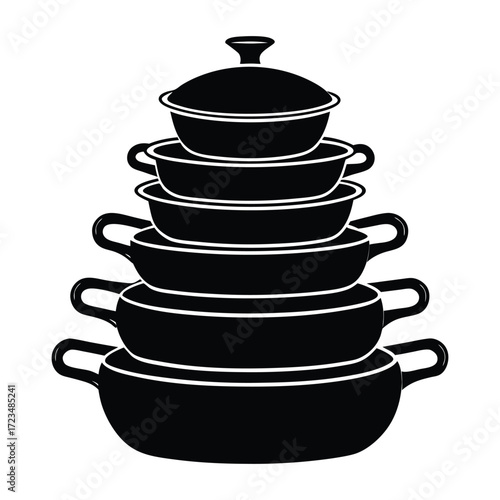 a stack of pots and pans on a white background