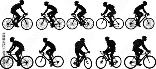 Cyclist silhouette collection, bicycle rider poses illustration, cycling artwork, sports design, transportation concept, urban commuting lifestyle