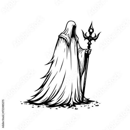 Mysterious cloaked figure wielding an ornate trident evokes a sense of spectral presence and