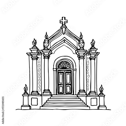Ornate mausoleum drawing with cross and detailed columns conveying solemn artistic architectural