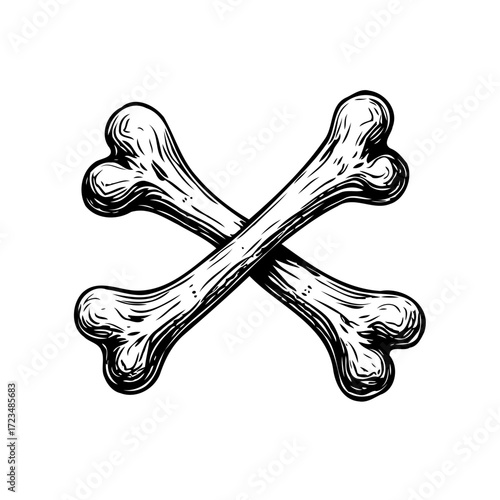 Ornate skeletal remains creating a symbolic cross formation in monochrome illustration of organic
