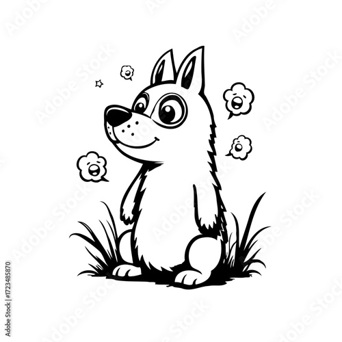 Playful canine character illustration with cheerful expression surrounded by whimsical flower