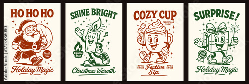 Funky retro Christmas posters with Santa, candle, cocoa mug and gift box mascot in vintage 60s 70s groovy