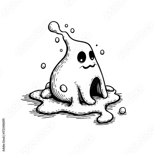 Quirky spectral blob character with melting puddle and unsure expression conveys whimsical charm