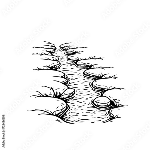 Serene flowing river illustration with smooth stones and glistening water showcasing tranquil