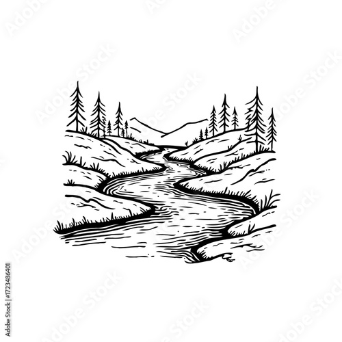 Serene monochrome river landscape with towering conifers and rolling hills evokes peaceful