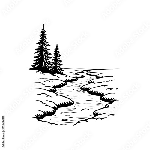 Serene monochrome landscape featuring coniferous trees along a winding river conveying nature's