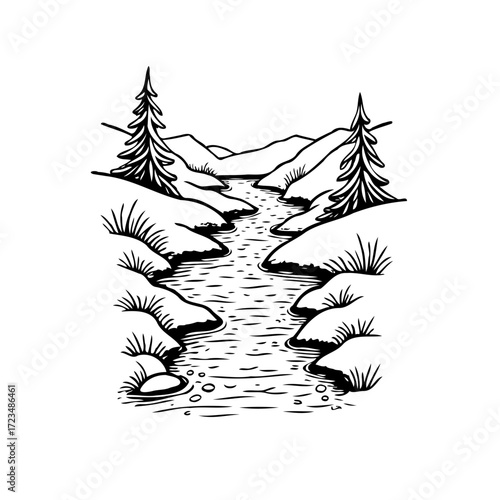 Serene mountain stream landscape illustration in minimalist style black and white graphic nature