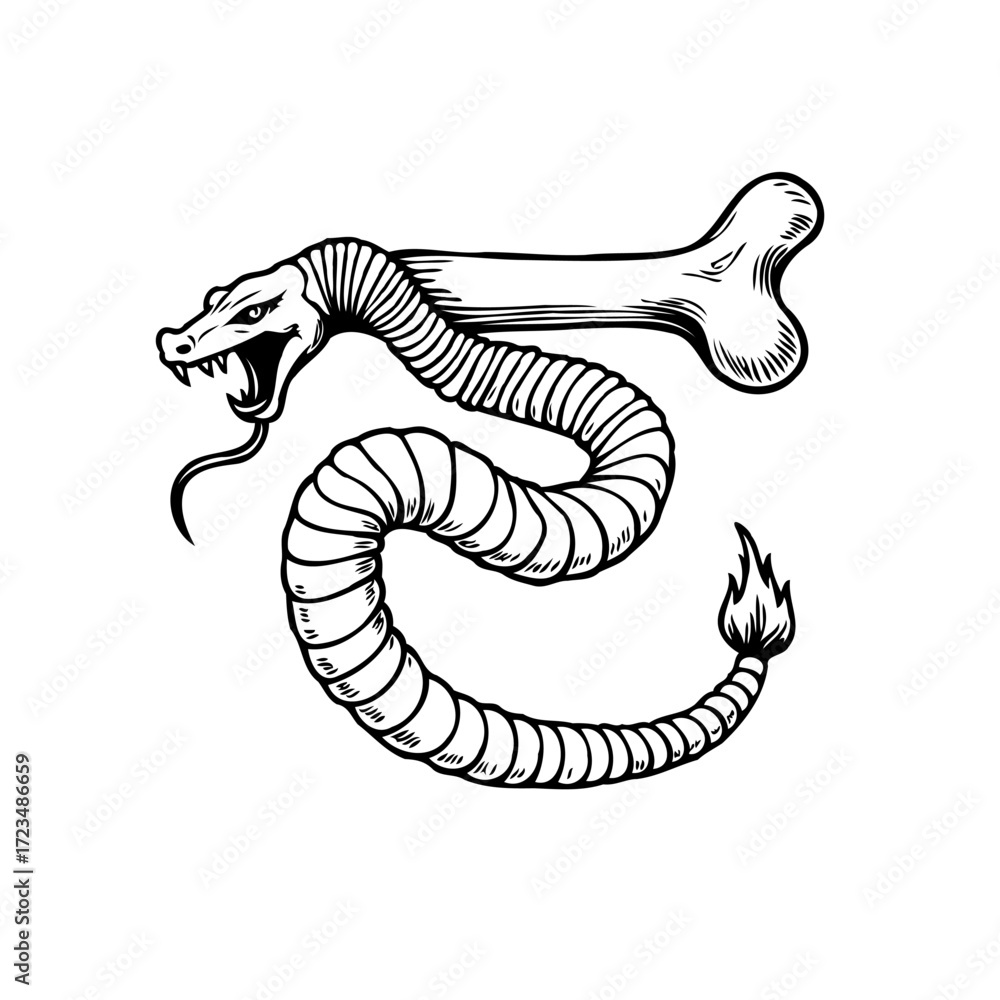 Fototapeta premium Serpentine emblem with a skeletal bone representing themes of mortality and transformative renewal