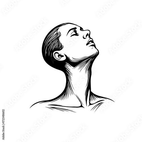 Serene upward gaze of a stylized woman illustration in monochrome capturing contemplative