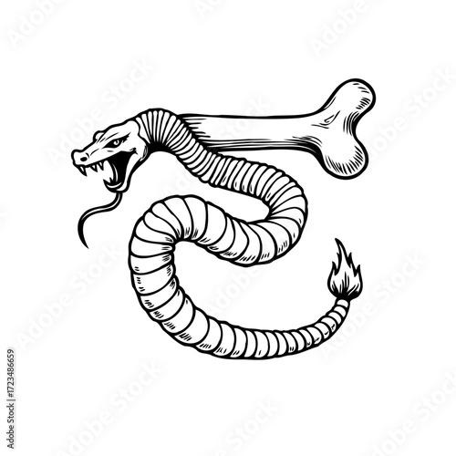 Serpentine emblem with a skeletal bone representing themes of mortality and transformative renewal