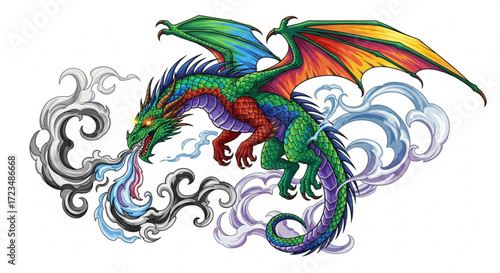 A colorful dragon with rainbow wings breathing blue fire surrounded by smoke, perfect for fantasy and mythical art