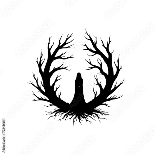 Silhouette Figure Surrounded by Branching Trees Forming a Circular Frame of Nature's Embrace