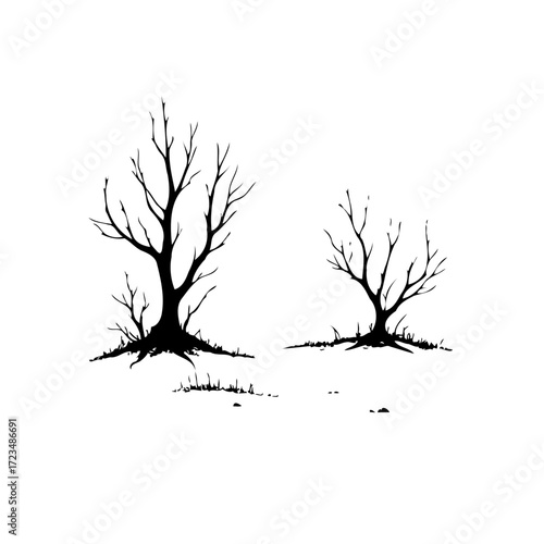 Silhouette monochrome illustration depicting desolate trees in the winter season with bare